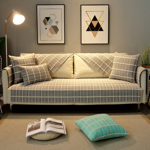 Nordic Modern Cotton Linen Fabric Grid Sofa Cushion Cover All-Season Universal Fresh Backrest Scarf Full Cover