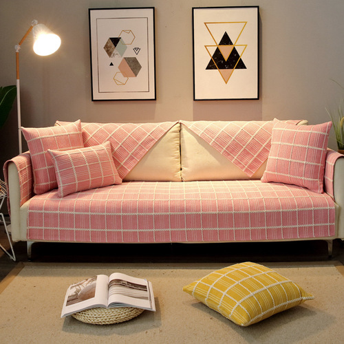 Nordic Modern Cotton Linen Fabric Grid Sofa Cushion Cover All-Season Universal Fresh Backrest Scarf Full Cover