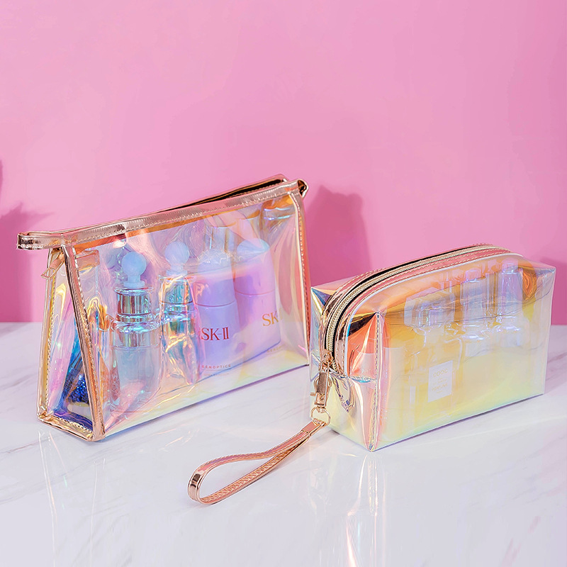 Factory goods magic color transparent laser cosmetic bag advanced portable storage bag multi-functional wash bag can be fixed logo