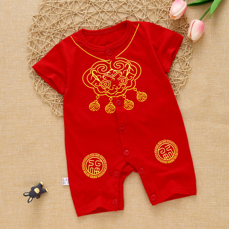 Bebé rojo luna llena ropa de verano delgada de manga corta bebé 100 días festivo mono recién nacido ropa de año nuevo