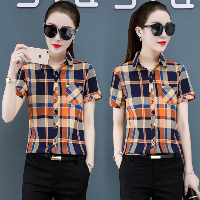 Camisa a cuadros manga corta para mujer 2020 Verano nuevo estilo coreano camisa casual fresca elegante Top para mujer