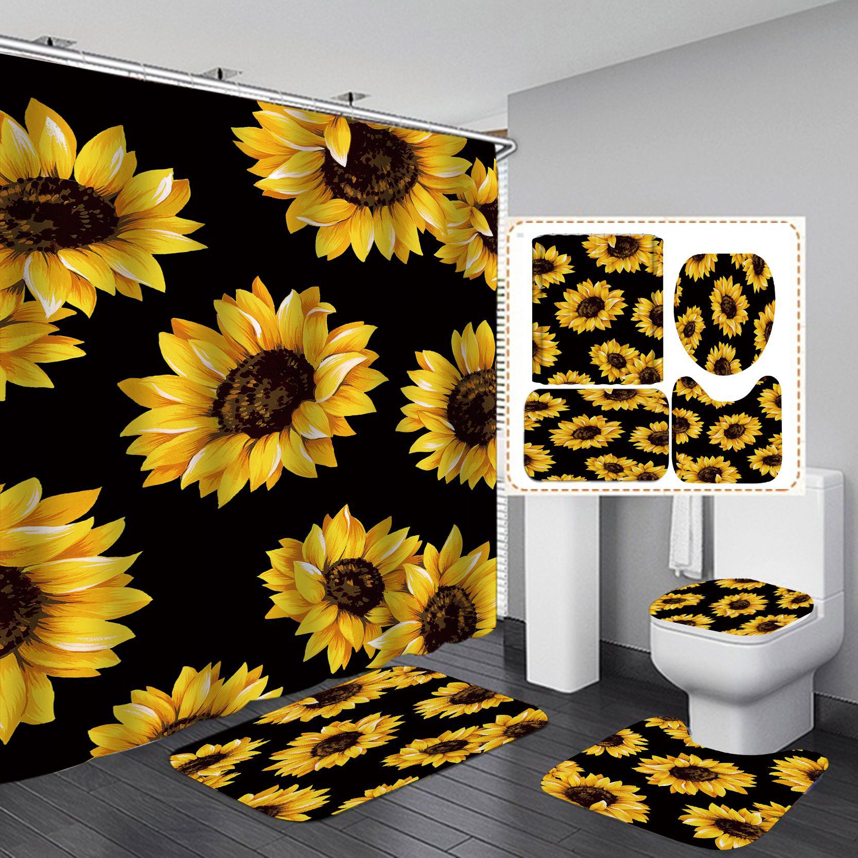 Transfronterizo caliente girasol caliente HD Impresión digital impermeable baño ducha cortina fabricantes suministro directo Cortina de ducha al por mayor