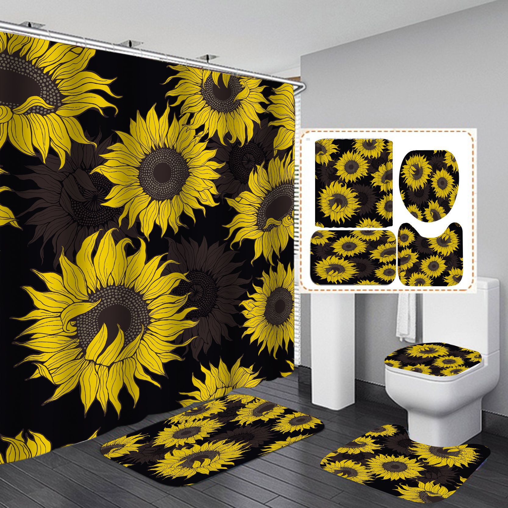 Transfronterizo caliente girasol caliente HD Impresión digital impermeable baño ducha cortina fabricantes suministro directo Cortina de ducha al por mayor