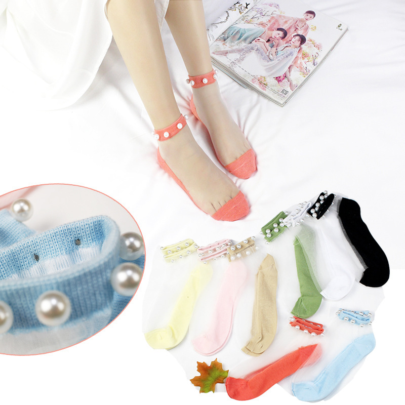 Clearance Pearl Socks for Women, Trendy Summer Transparent Glass Silk Crystal Socks, Thin Lace Japanese Style Short Socks, Low-Cut Clearance Pearl Socks for Women, Trendy Summer Transparent Glass Silk Crystal Socks, Thin Lace Japanese Style Short Socks, Low-Cut
