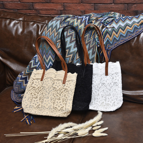 Lace bag for women ins forest style aesthetic small fresh shopping shoulder handbag embroidered flower hollow tote bag