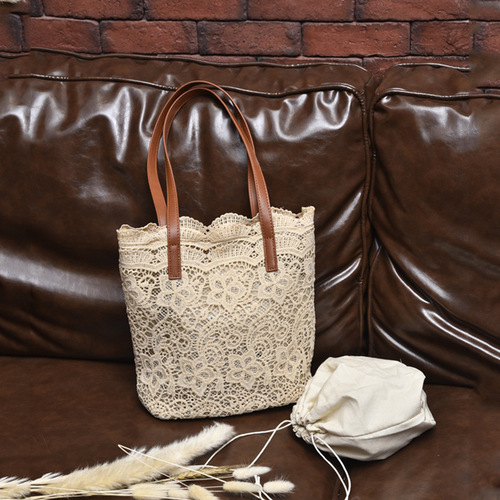 Lace bag for women ins forest style aesthetic small fresh shopping shoulder handbag embroidered flower hollow tote bag
