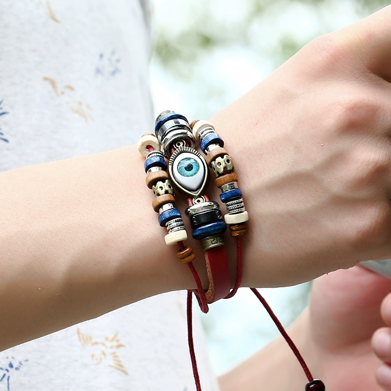 Leather Bracelet (Ponton) — Beaded Cowhide Multi-Layer Bracelet with Eye Charm, Adjustable