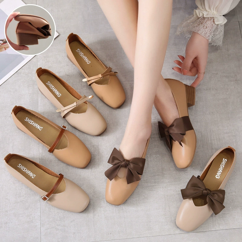 Новые женские туфли на толстом каблуке из кожи, осенне-весенние, в корейском стиле, модные, с мягкой поверхностью, на среднем каблуке, с бантом, модель «Фея»