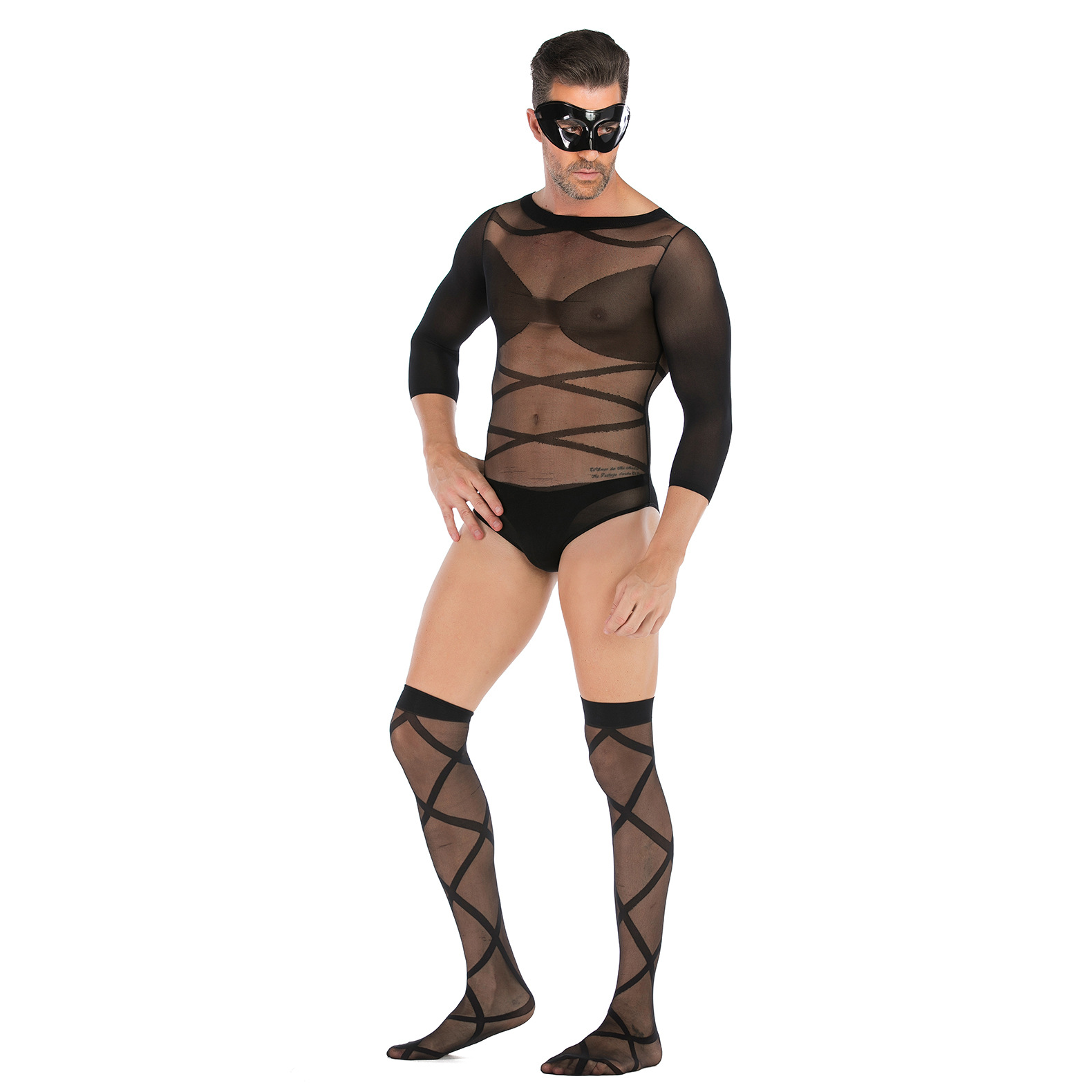 Amazon men's sexy mesh sexy underwear long sleeve top stockings pantyhose set