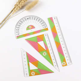 透明塑料量角器三角板15cm直尺彩色印刷四件套尺子套装