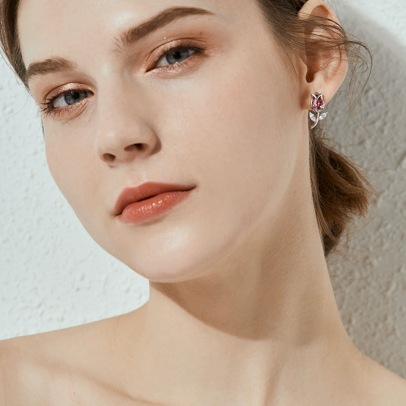 Серьги (HUDIESHUO) серебро 925, европейский стиль, тюльпан с цветным камнем