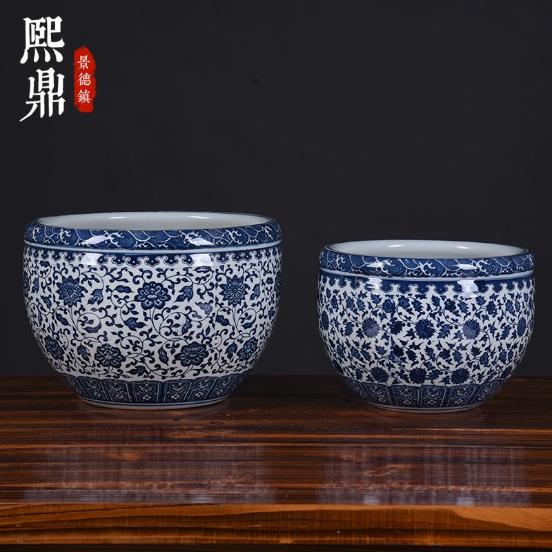 Jingdezhen ceramic bowl lotus pot blue and white porcelain fish basin household copper coin grass water cultivated water lilies special lotus pot