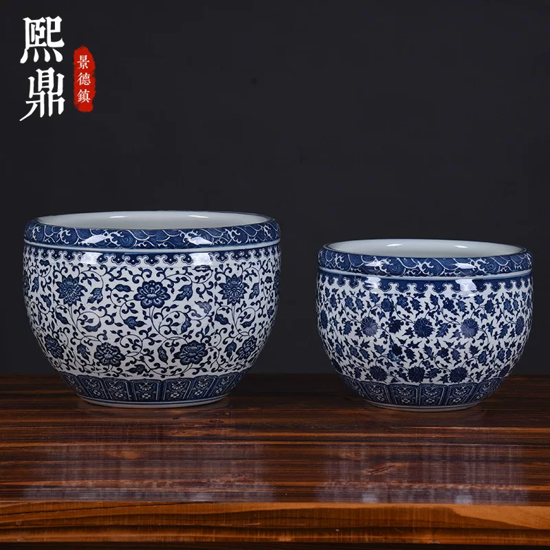 Jingdezhen ceramic bowl lotus pot blue and white porcelain fish basin household copper coin grass water cultivated water lilies special lotus pot