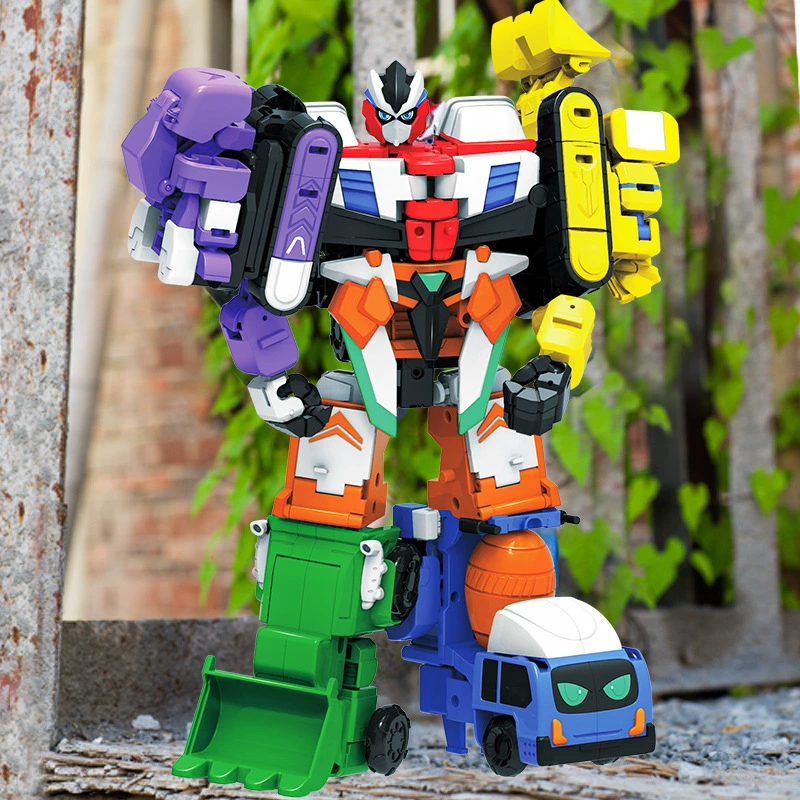Детская игрушечная машинка-трансформер, робот, строительная техника «шесть в одном», мультяшный автомобиль, кран, бетоносмеситель, подарочный набор в коробке.