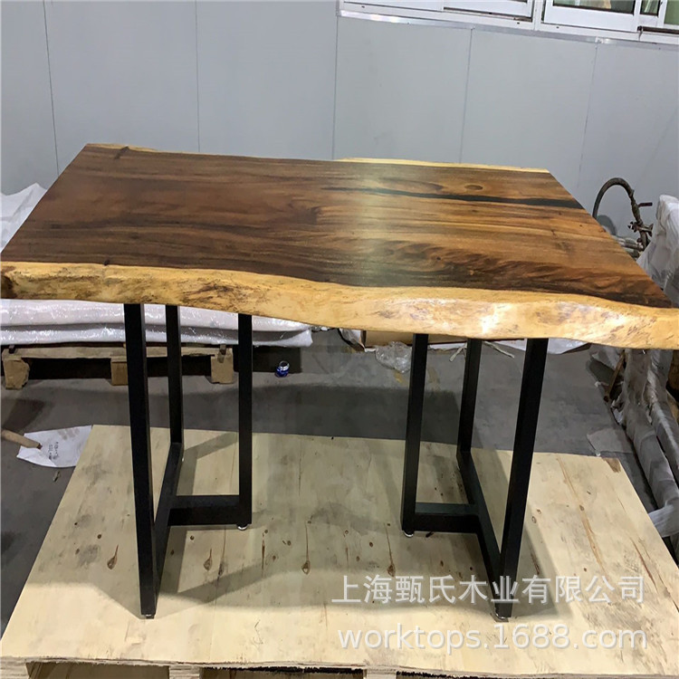 Solid Wood Large Board Table Natural Edge Tea Table Whole Board Conference Table Wood Wax Oil Solid Wood Large Board Table with Legs Ready for Sale