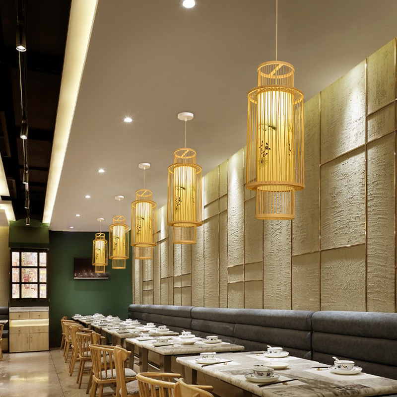 Bambú chino tejido araña de bambú artesanal lámpara araña Sudeste asiático restaurante creativo japonés salón té B & B
