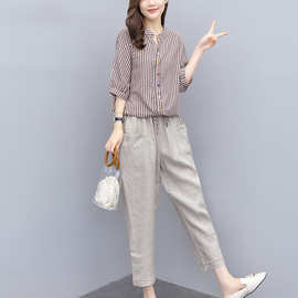 棉麻套装女2026夏装新款女装韩版条纹上衣九分裤亚麻两件套套装裤