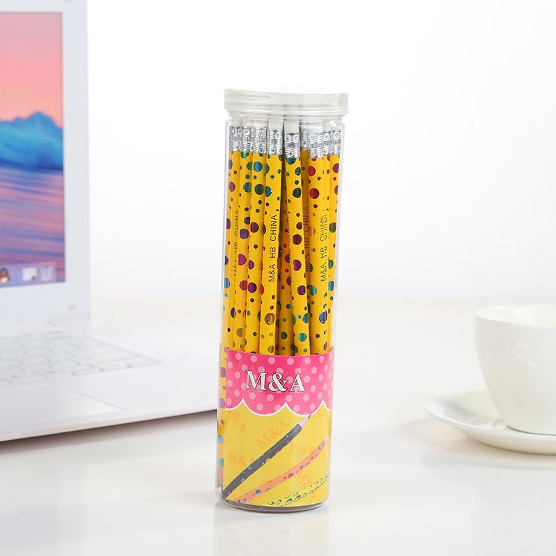 36支HB圆杆滚印带皮头铅笔/PET桶装填色学生绘图铅橡皮头出口品质