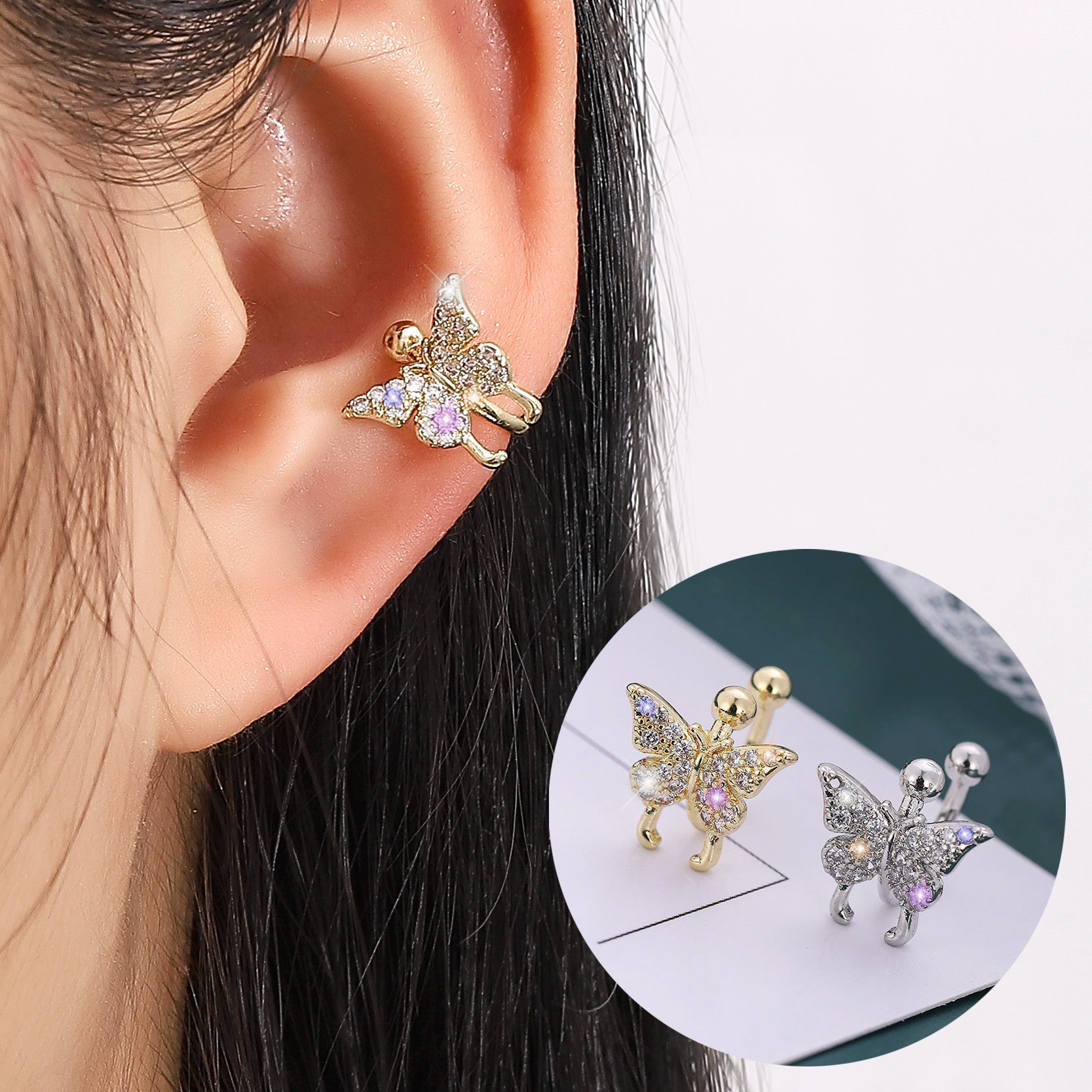 Nuevo estilo de la mariposa de moda oído espárragos oído clip de hadas Mori Super hadas earless ZIRCON oído clip de hueso para las mujeres