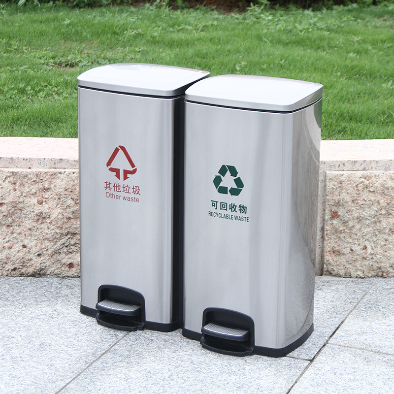 不锈钢脚踏垃圾桶室内办公室双桶分类北京大容量干湿加厚可回收