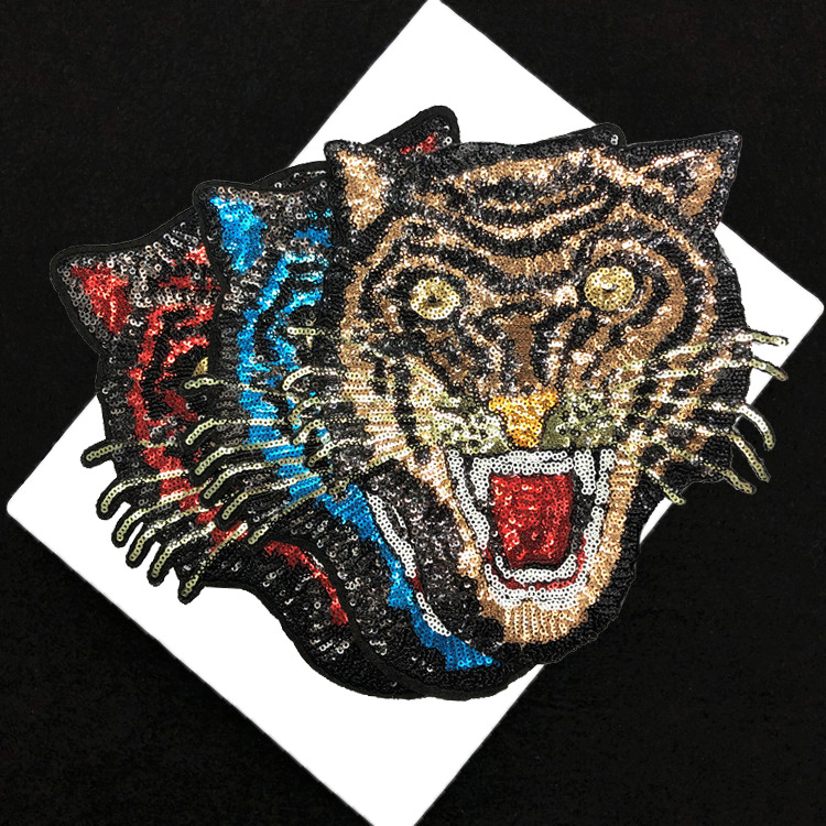新品亮片老虎头刺绣布贴外套装饰辅料背胶补丁贴裤子修饰厂家直供
