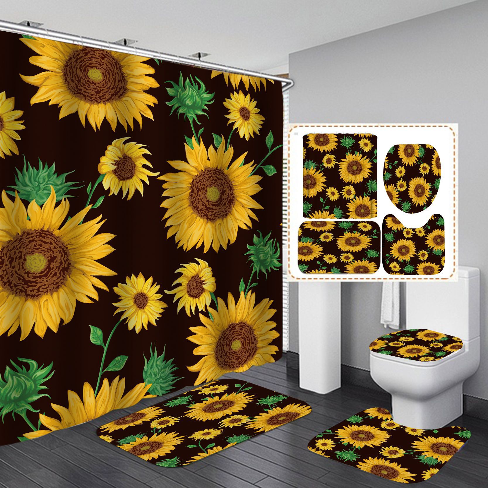 Transfronterizo caliente girasol caliente HD Impresión digital impermeable baño ducha cortina fabricantes suministro directo Cortina de ducha al por mayor
