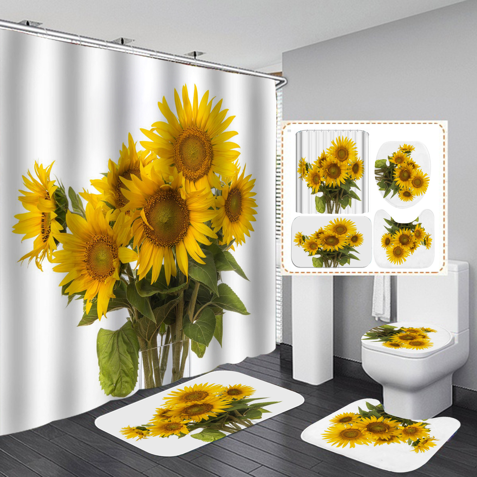 Transfronterizo caliente girasol caliente HD Impresión digital impermeable baño ducha cortina fabricantes suministro directo Cortina de ducha al por mayor