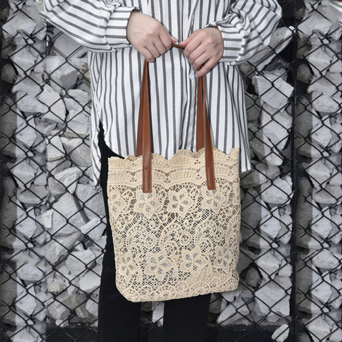 Lace bag for women ins forest style aesthetic small fresh shopping shoulder handbag embroidered flower hollow tote bag