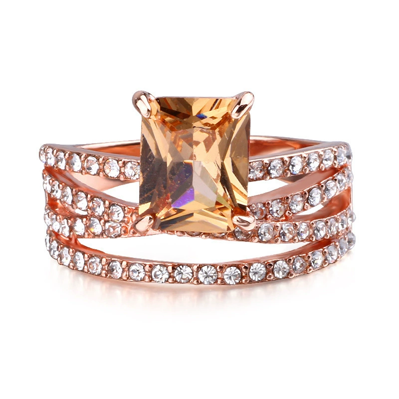 Golden zirconium, ring with stone, wedding ring, ebay, 14 carat, pink gold, European style, champagne color