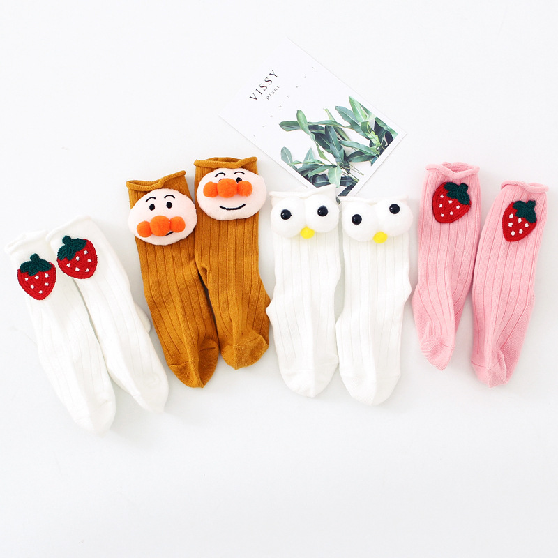 Ins Style Newborn Baby Mid-Tube Cotton Socks K-Style Cute Cartoon Cherry Strawberry Curled Loose Socks 0-1 Years Old