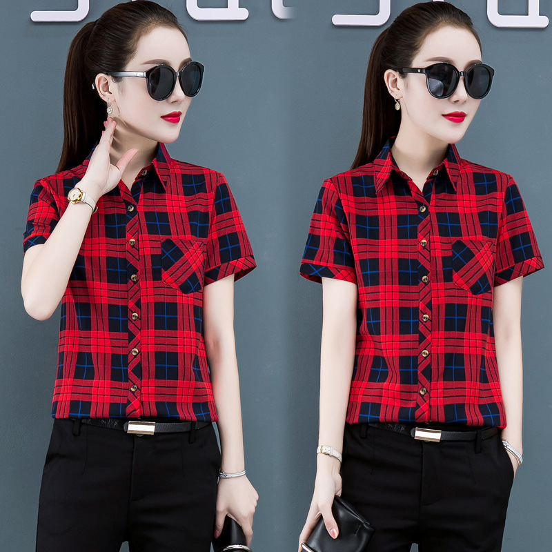 Camisa a cuadros manga corta para mujer 2020 Verano nuevo estilo coreano camisa casual fresca elegante Top para mujer