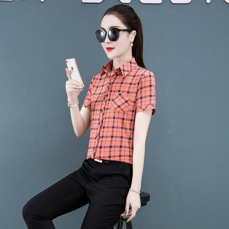 Camisa a cuadros manga corta para mujer 2020 Verano nuevo estilo coreano camisa casual fresca elegante Top para mujer