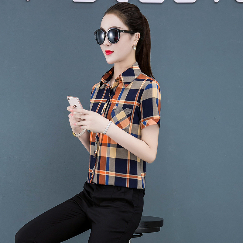 Camisa a cuadros manga corta para mujer 2020 Verano nuevo estilo coreano camisa casual fresca elegante Top para mujer
