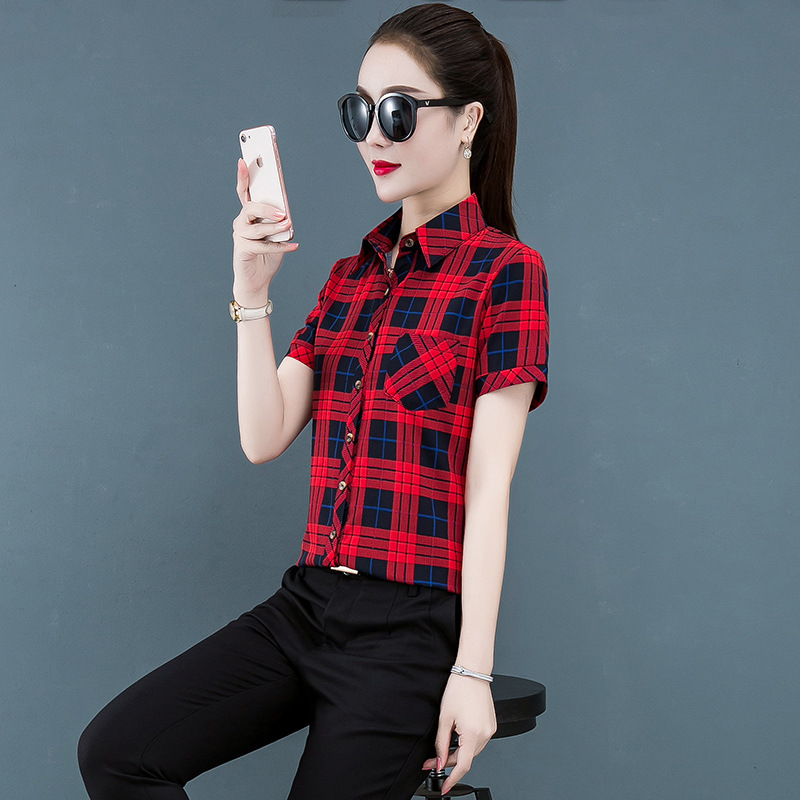 Camisa a cuadros manga corta para mujer 2020 Verano nuevo estilo coreano camisa casual fresca elegante Top para mujer