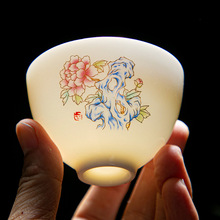 羊脂玉瓷茶杯 德化白瓷掐金丝扒花品茗杯珐琅彩主人杯描金单杯