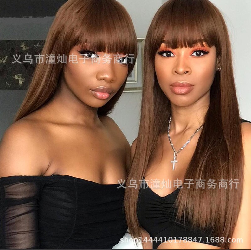 Tongcan new European and American wig with neat bangs black brown long straight hair high temperature silk wig wholesale spot promotion