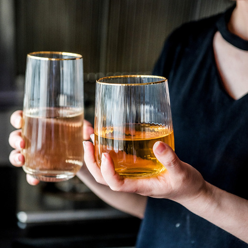 Golden-Edge Transparent Striped Glass Cup Home Light Luxury Style Living Room Water Cup Set Whiskey Cup Beer Cup Bar Cup
