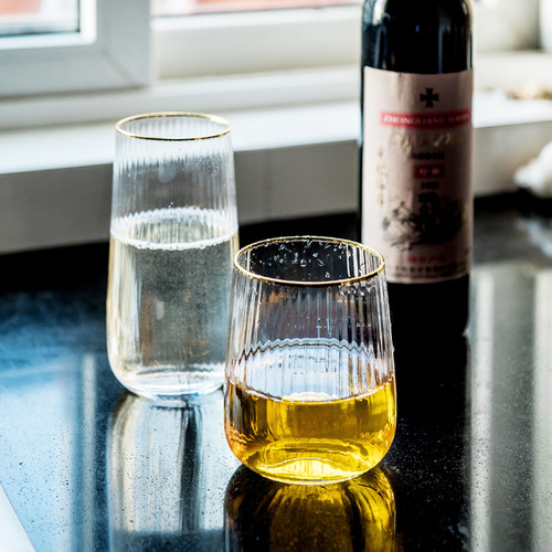 Golden-Edge Transparent Striped Glass Cup Home Light Luxury Style Living Room Water Cup Set Whiskey Cup Beer Cup Bar Cup