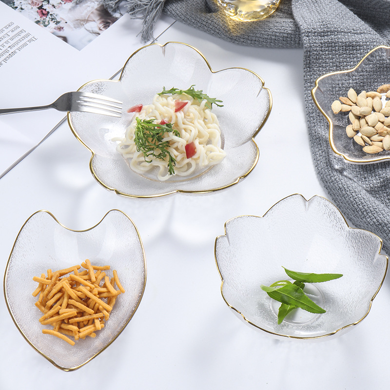 创意日式金边玻璃碟子透明家用零食水果樱花碟蘸料碟酒店玻璃餐具