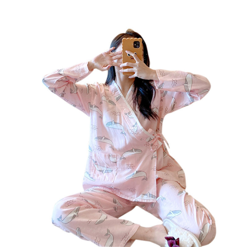 Plus size V-neck cardigan kimono maternity Pajamas Soft bamboo fiber gauze confinement clothing spring and summer new breastfeeding