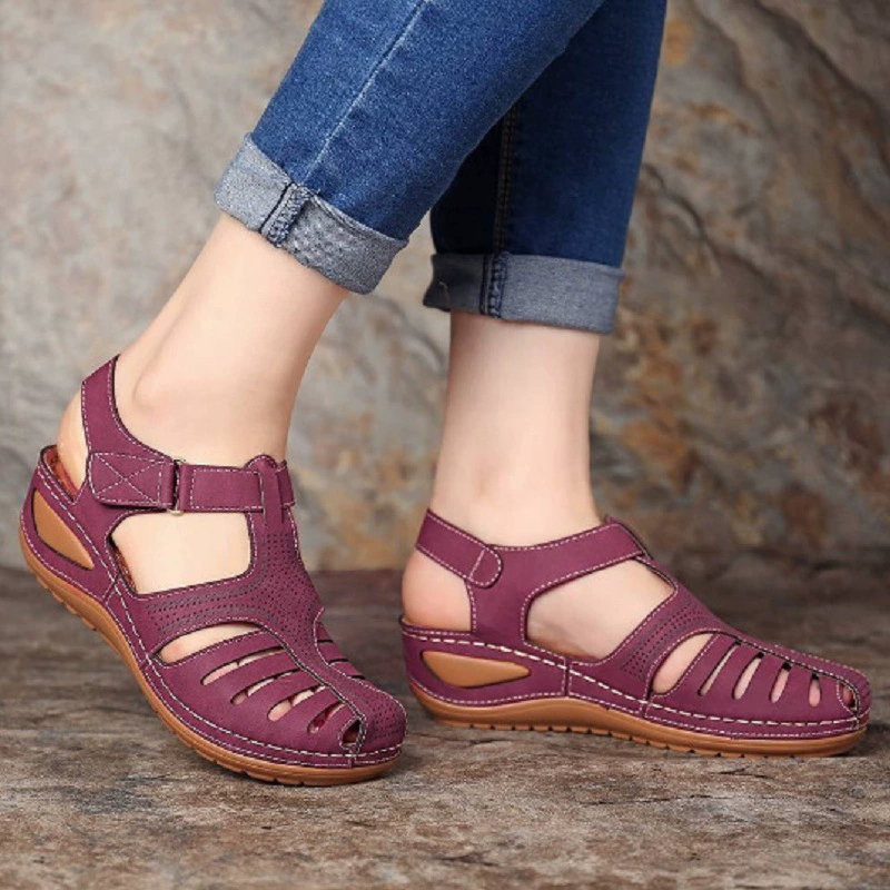 2022 Cross-Border New Large Size Women's Sandals Baotou Cut Out One-Line Wedge Roman Style Sandals for Women