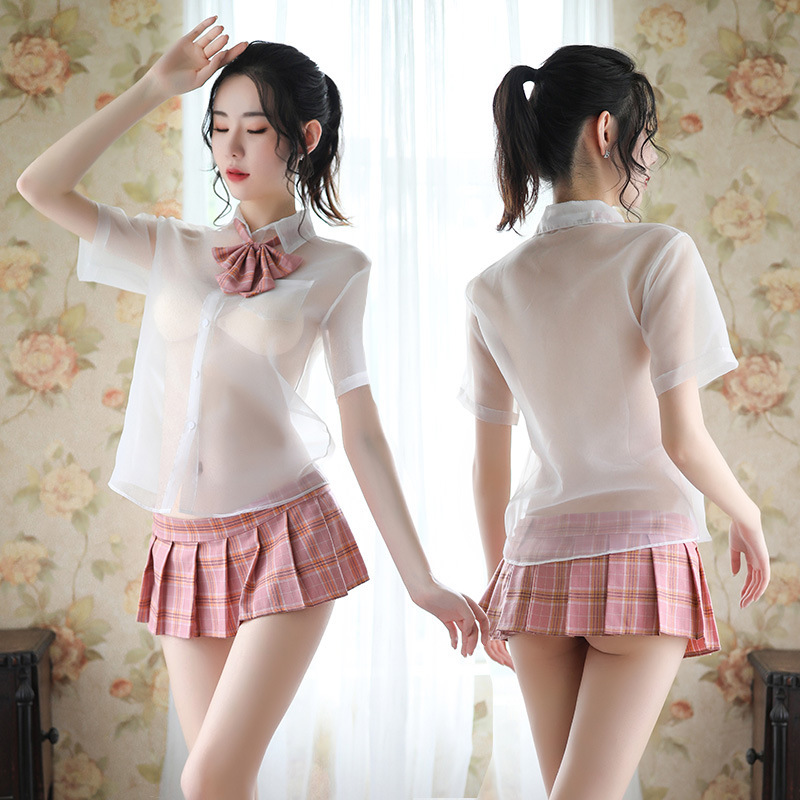 Sexy Lingerie Transparent Blouse with Bow, Easy-To-Remove Temptation, Cute Plaid Sheer Pleated Skirt Uniform Set