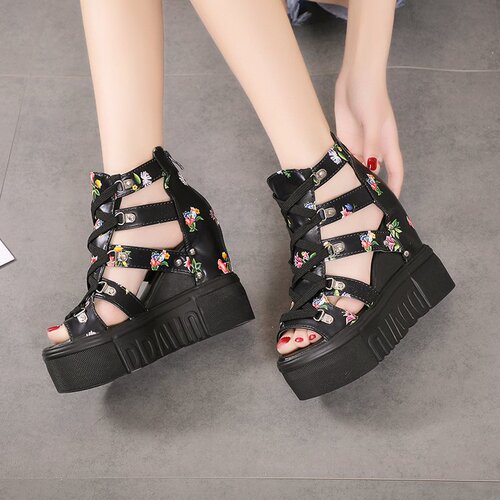 High-heeled sandals women's summer new style thick sole platform wedge students hollow fish mouth height-increasing Roman sandals
