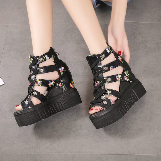 High heel sandals for women 2023 Summer new platform platform wedge sandals for students hollow out peep toe hidden height Roman sandals