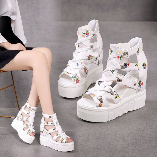 High-heeled sandals women's summer new style thick sole platform wedge students hollow fish mouth height-increasing Roman sandals