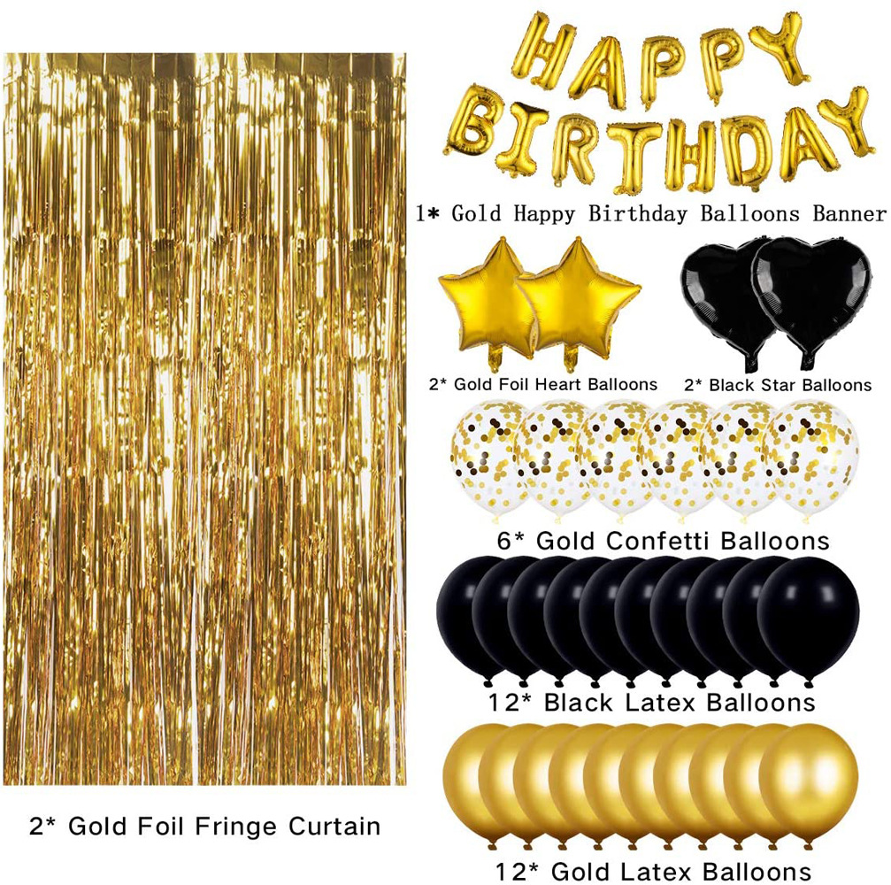 16-pulgadas negro oro Feliz cumpleaños carta traje globo negro lentejuelas lluvia cortina de seda transfronteriza fiesta suministros traje