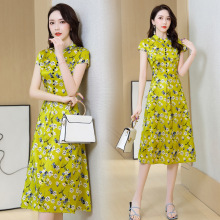 2277旗袍连衣裙真丝高端女装中国风改良复古印花藏青桑蚕丝裙批发