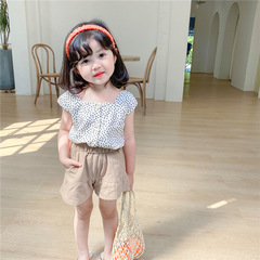2024夏季新款 韓版童裝 女童波點套裝 無袖上衣+荷葉邊短褲兩件套