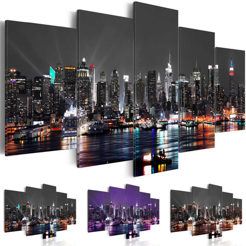 Modern simple five-piece three-color night scene city spray painting creative sofa background wall decoration painting hanging painting oil painting