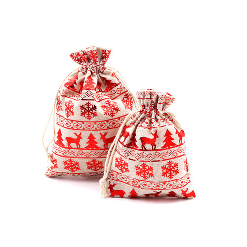 Hot stamping printed gifts can be filled with apple Christmas bag, drawstring cotton linen Christmas Eve Christmas candy bag